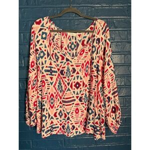 Emily Wonder Womens 2X Red Blue Geometric Tribal Ikat V-Neck Blouse Long Sleeve